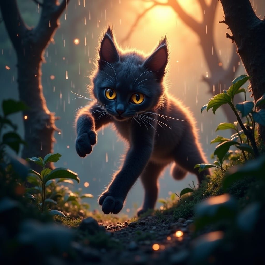 Ethereal Cerval Cat Hunts Under Sparkly Sunset in Lush Jungl...