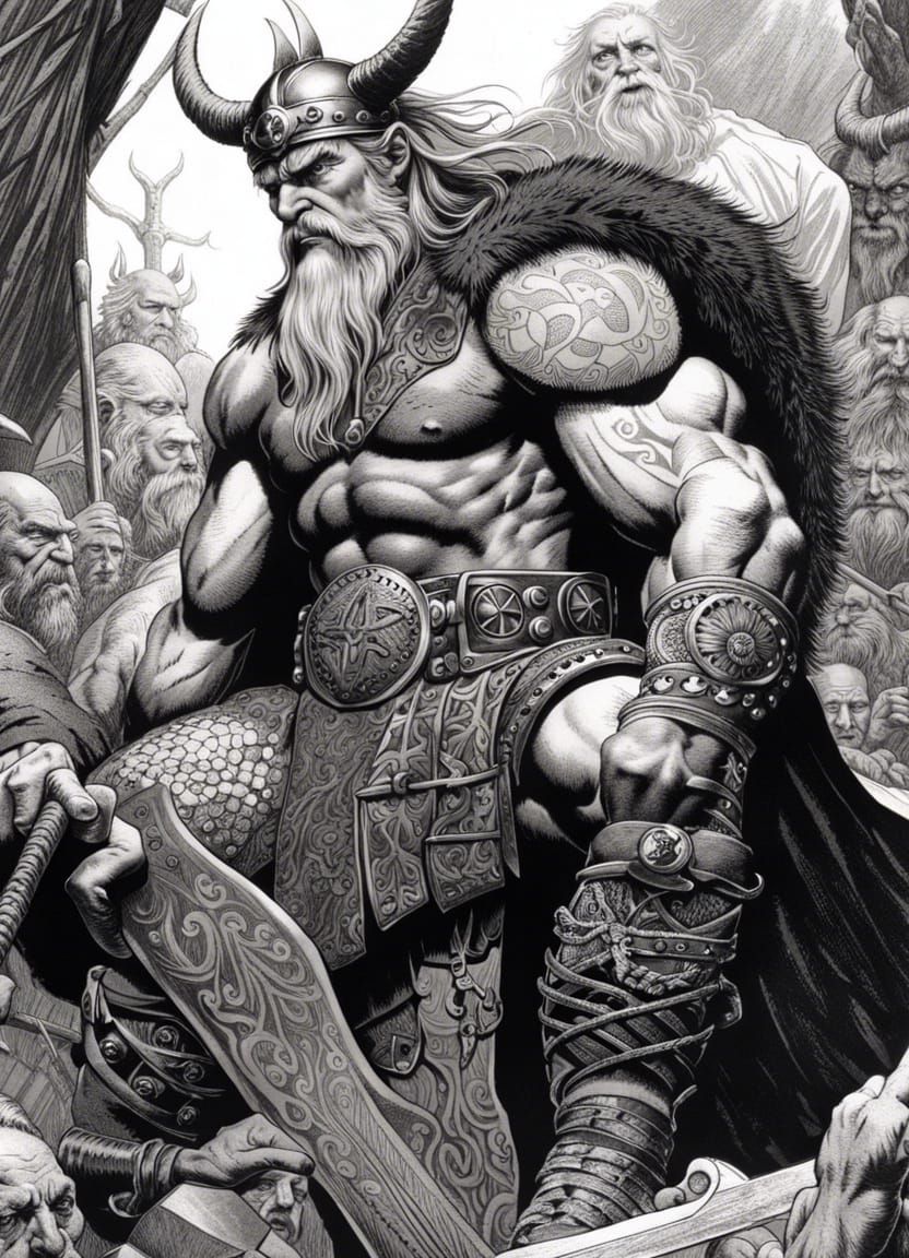 Tattooed Viking King in Black and White
