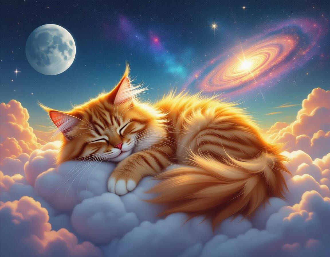 Red Space Cat Sleeping on Cosmic Cloud in Double Exposure St...