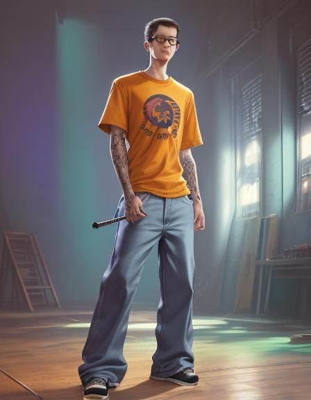 Nerdy Guy in Wide Leg Jeans: Hyperrealistic Splash Art