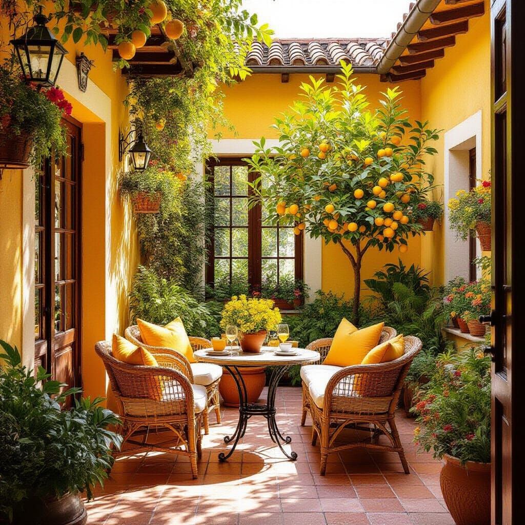 Stunning Italian Courtyard Garden with Yellow Flora and Sunl...