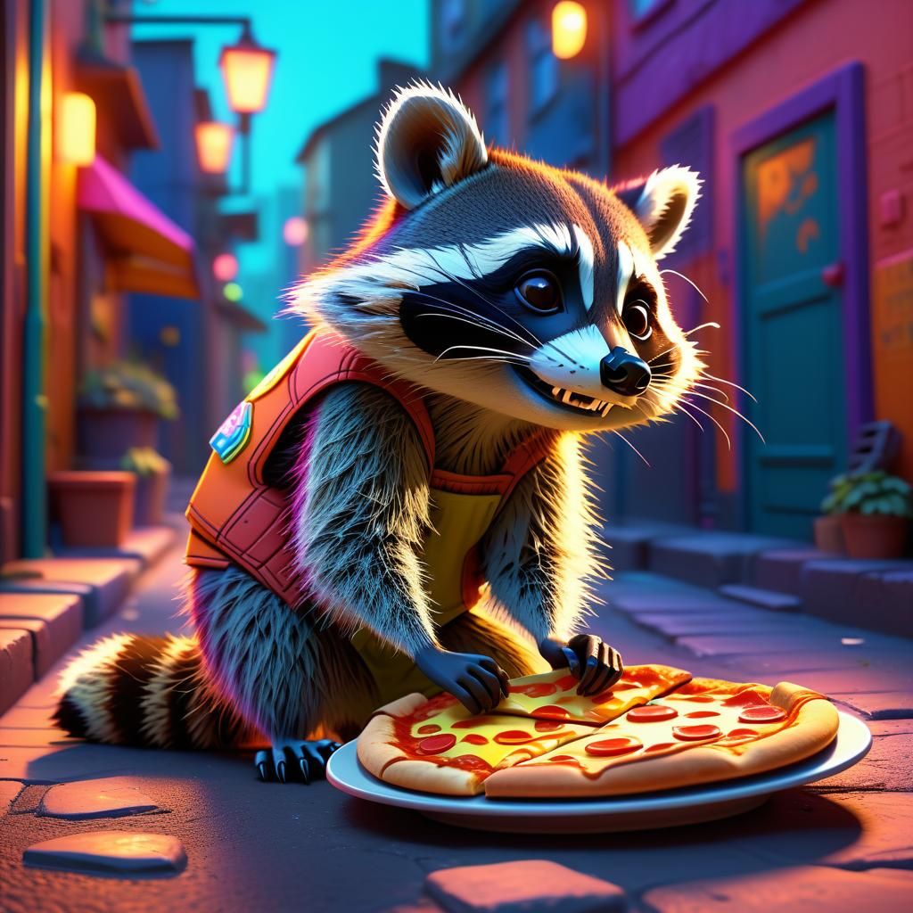 Vibrant Raccoon Delights in Pixar-Style Pizza Feast