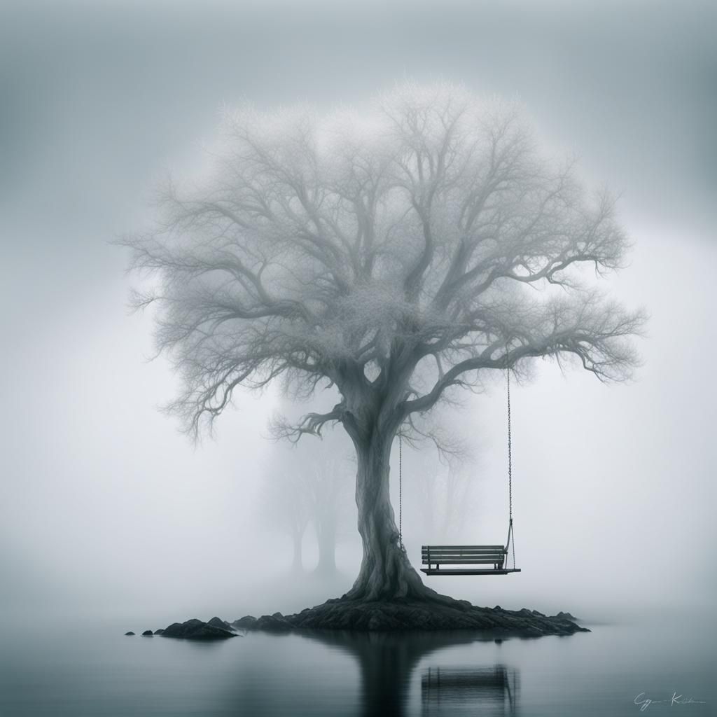White Tree on Floating Island in Fog