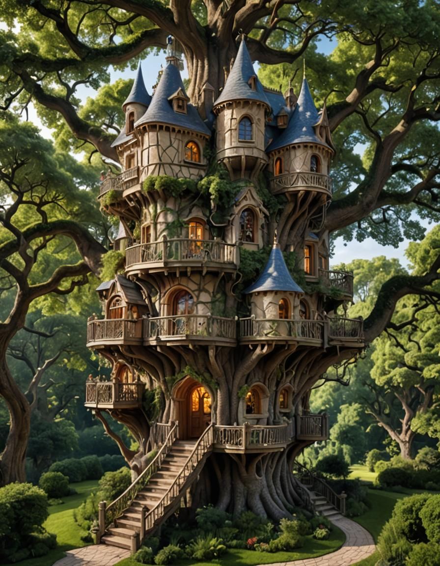 Detailed Treehouse Castle Atop Majestic Oak