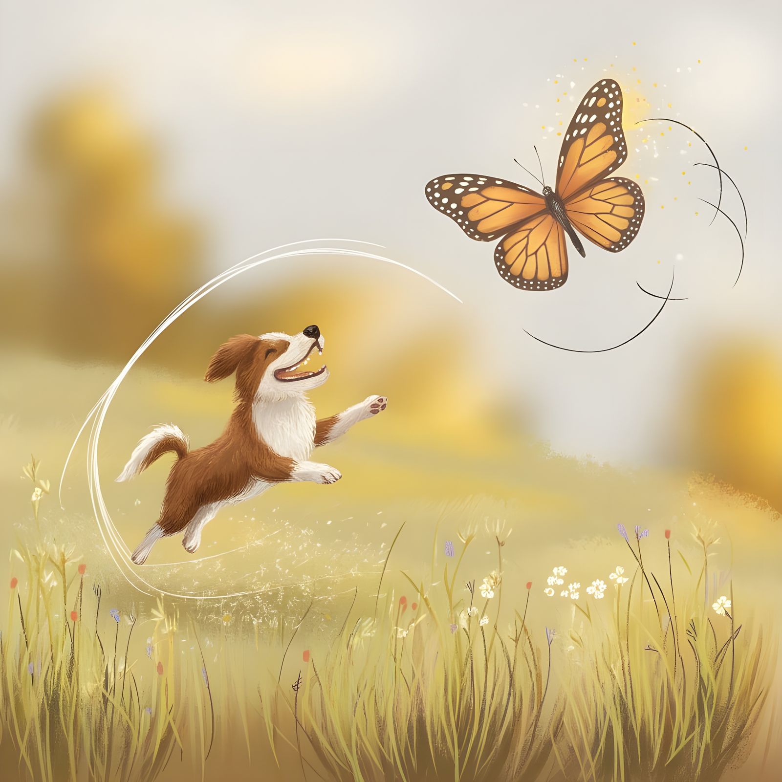 Dog Chasing Butterfly in Whimsical Handcrafted Style