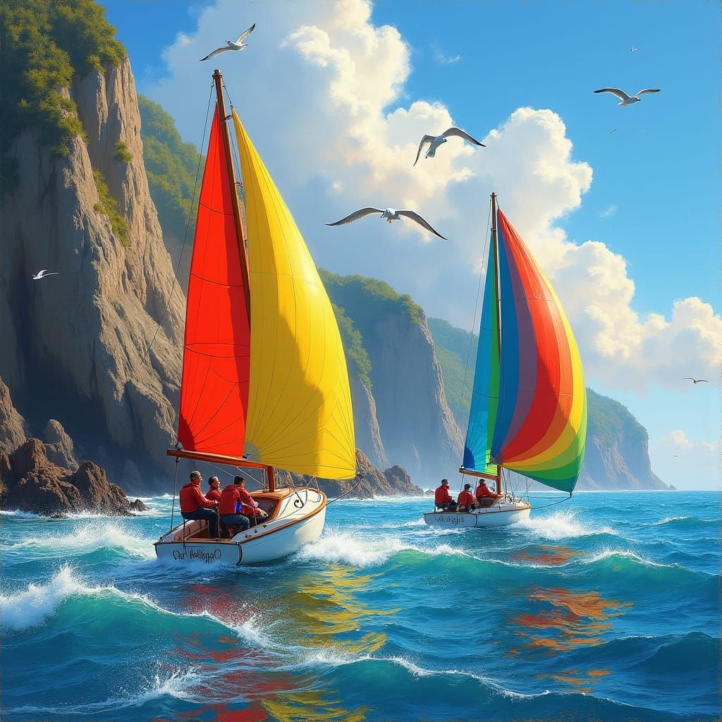 Colorful Sailboats Coastal Scene Impressionist Style