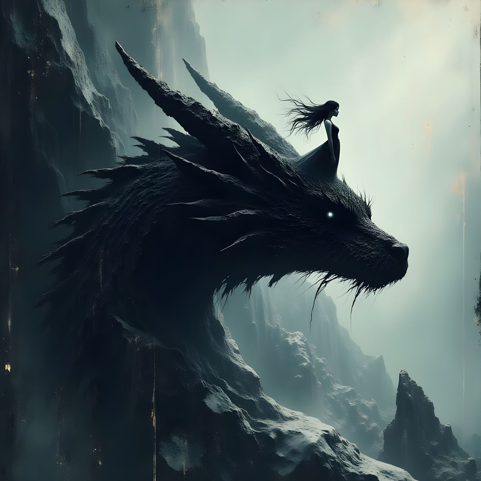 Girl on Dragon Head in Dreamy Fantasy Landscape