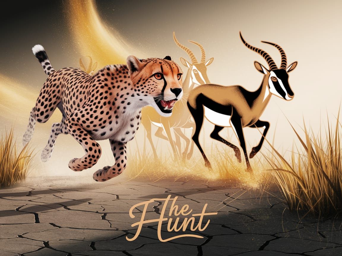 Cheetah's Golden Hunt: Stylized Double-Exposure Scene