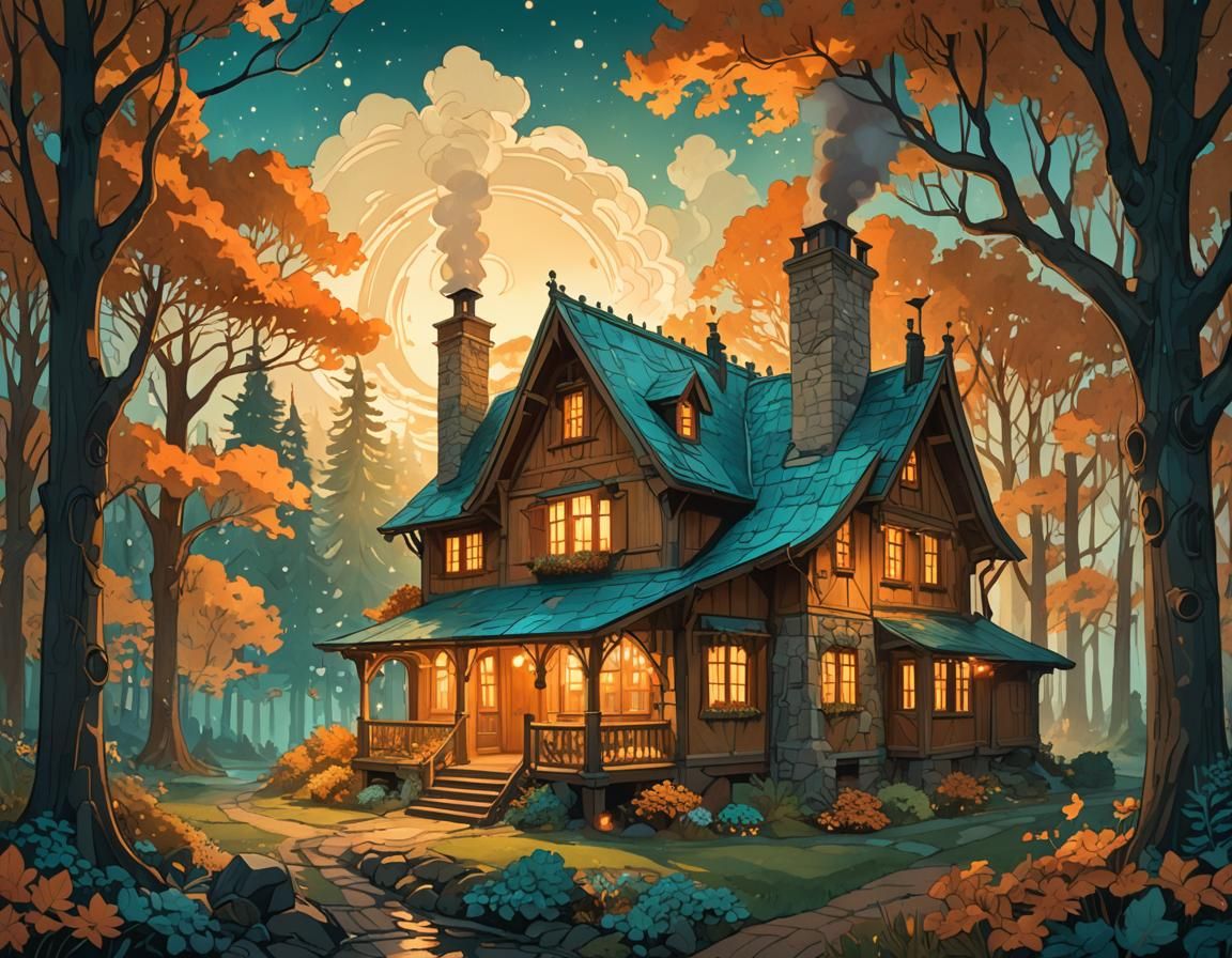 Cozy Cottage at Night in Whimsical Style