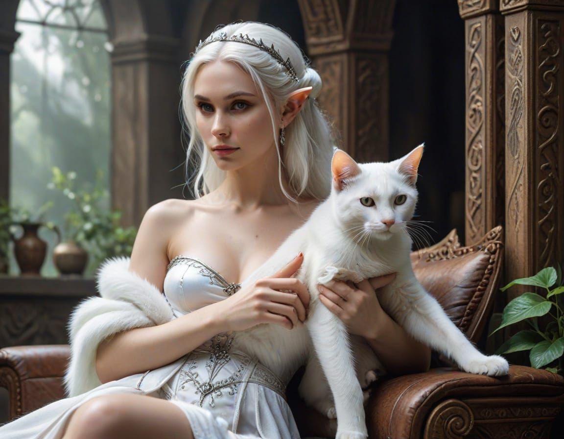 Regal Elf Maiden with Feline Companion