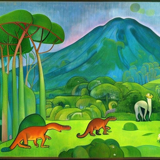 Hadrosaurus in Lush Jungle, Gauguin-style Landscape