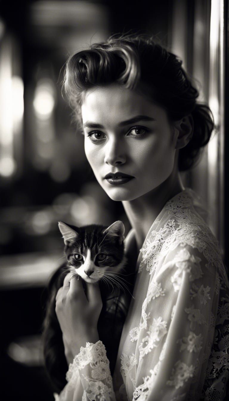 Elegant Portrait of Girl with Kitten in Black and White