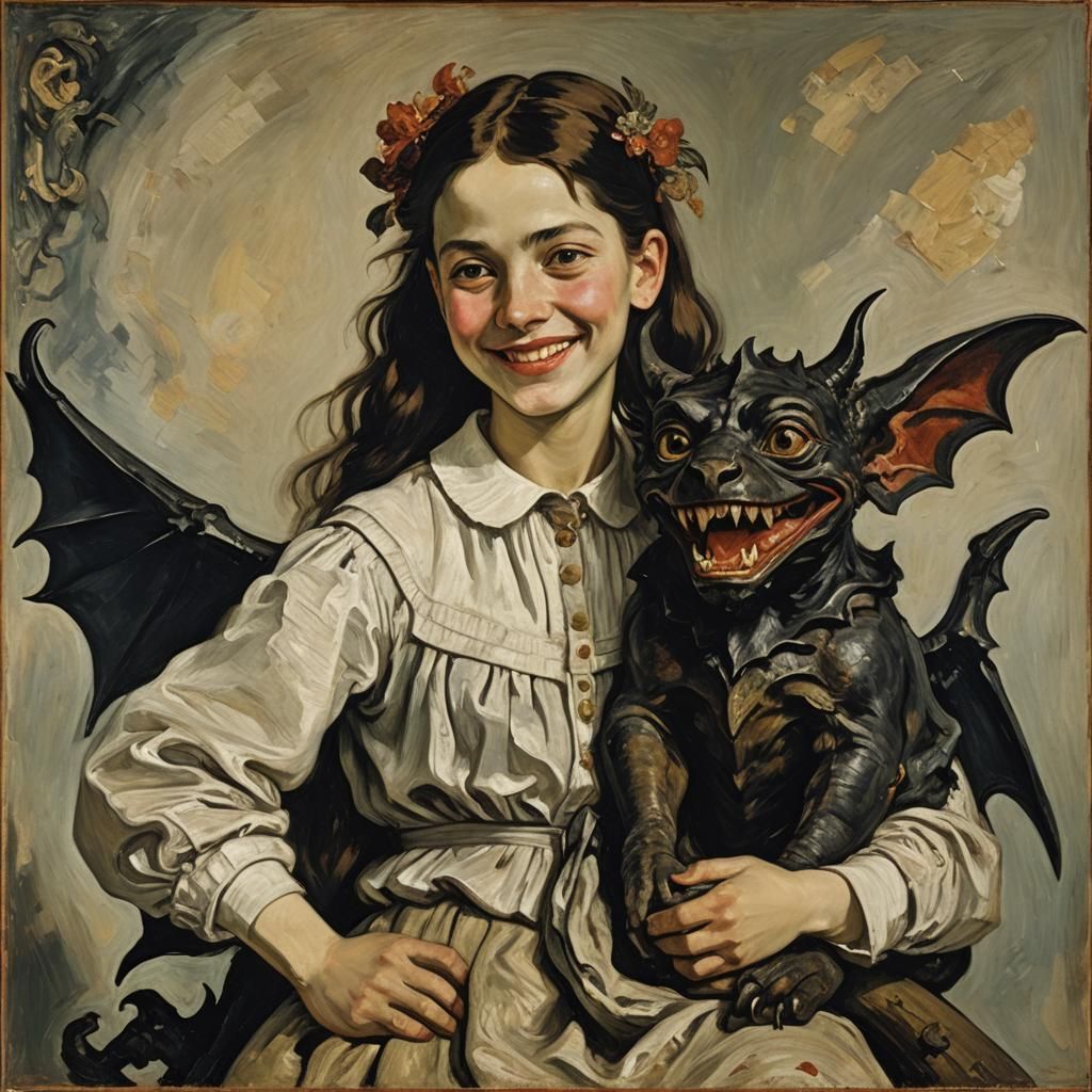 Girl with Gargoyle Pet: Expressive Portrait