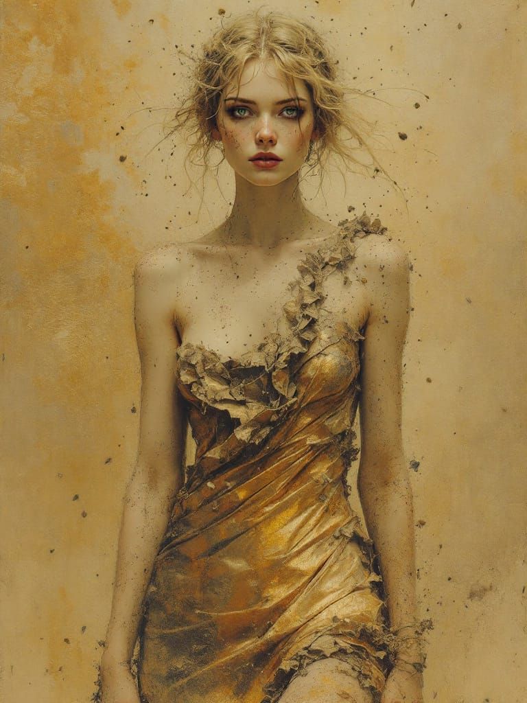 2030s Pin-Up Woman on Western Frontier in Gold Dress