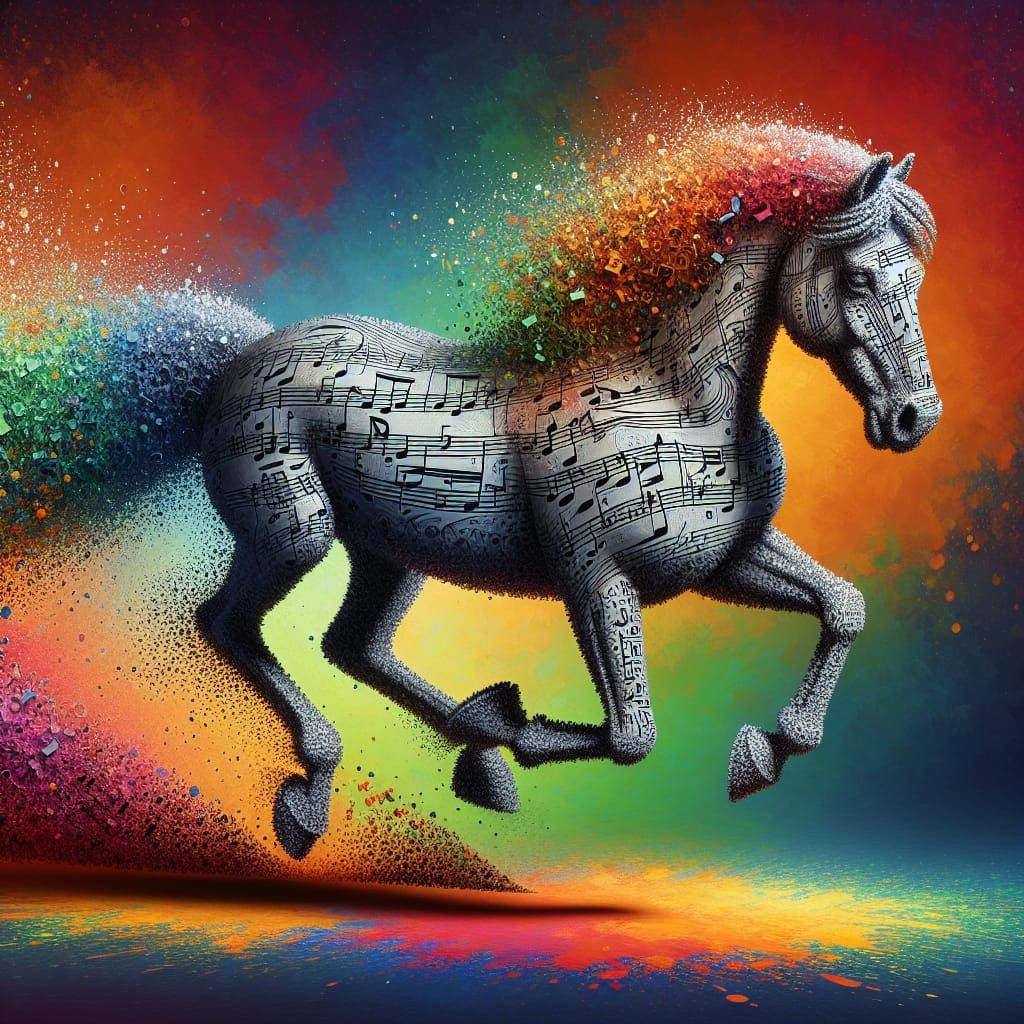 Musical Horse Galloping in Hyperrealistic Splash Art