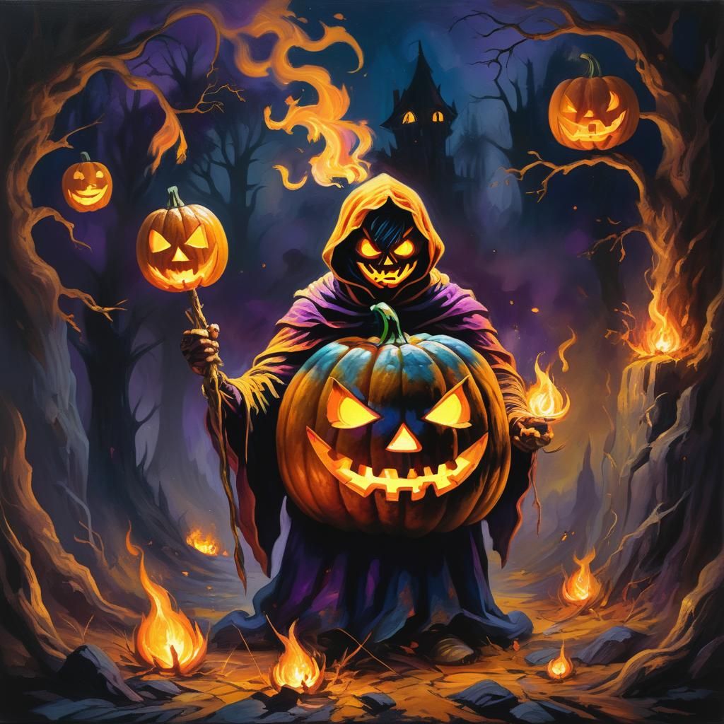 Flame Jack-o'-Lantern Concept Art in Oil Painting Style