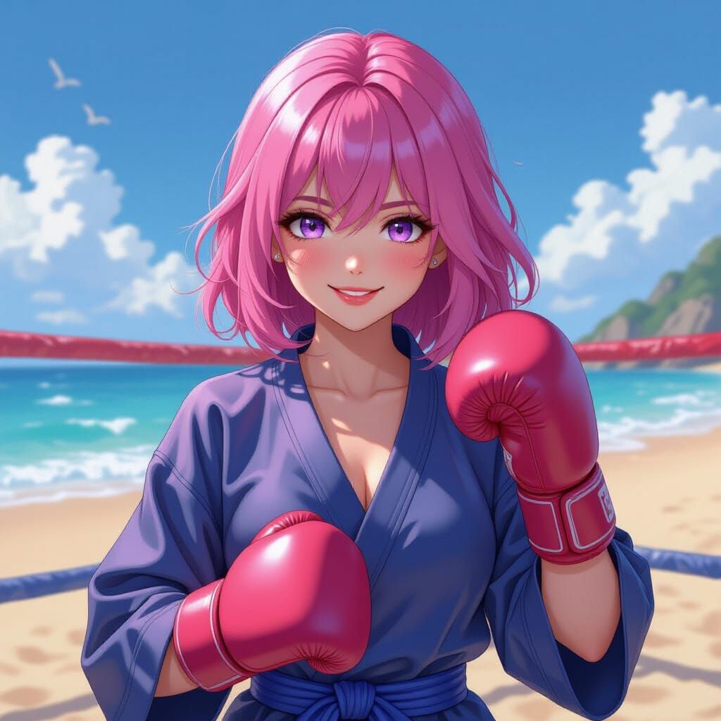 Pink Haired Woman Boxing on the Beach