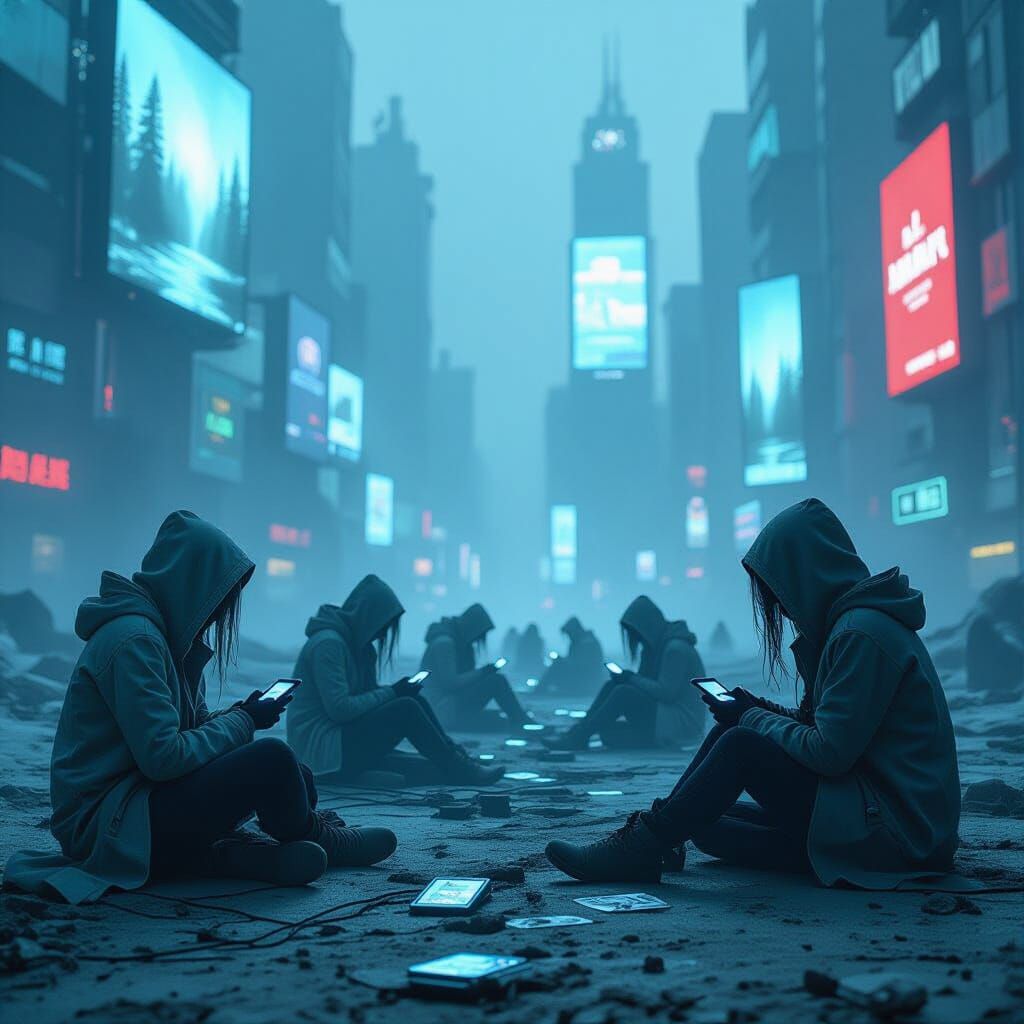 Dystopian Future: Lifeless Figures and Ethereal Visions