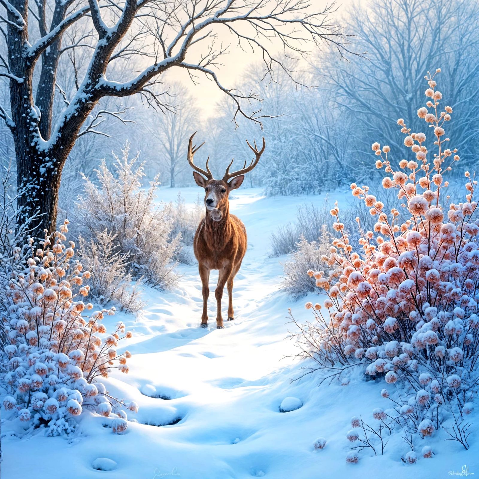 Serene Country Garden Blanketed in Snow