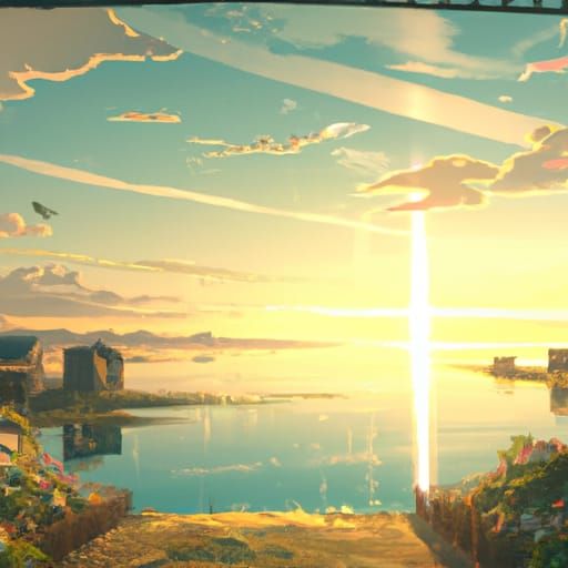 Anime Sunset Over Bay in Ghibli Style