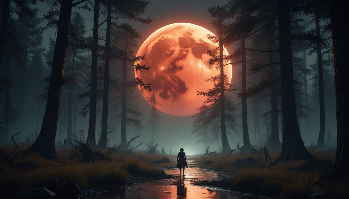 Eerie Forest with Mythological Creatures Under Blood Moon