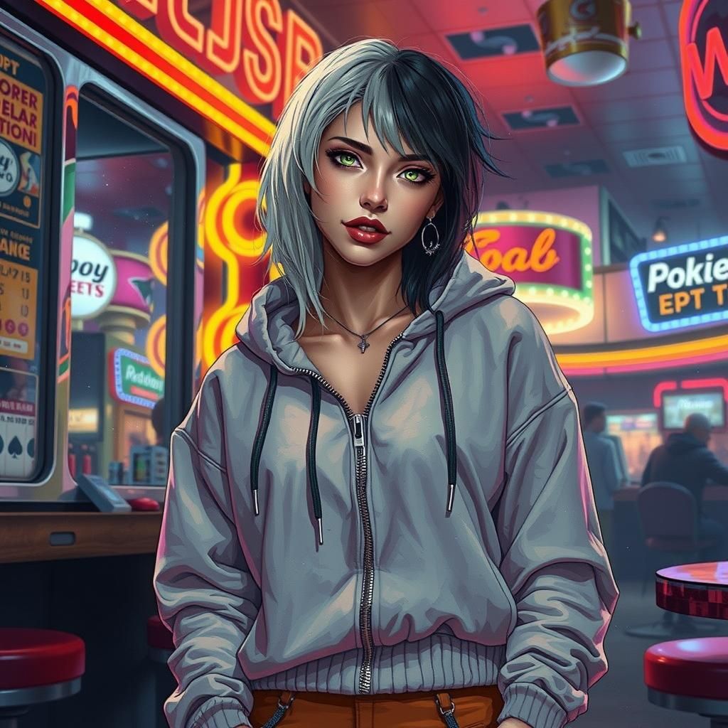 Hyperrealistic Vegas Waitress in Neon Casino