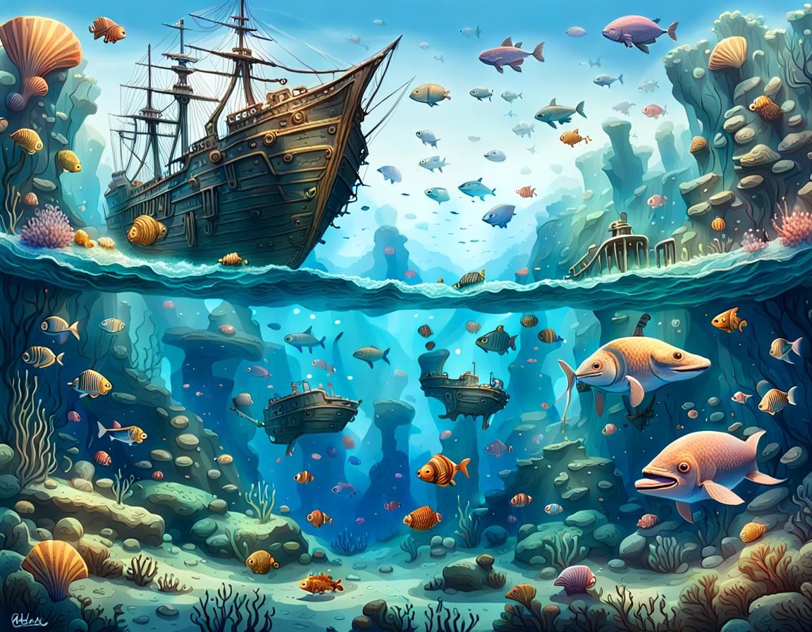 Underwater Shipwreck Scene with Giant Squid