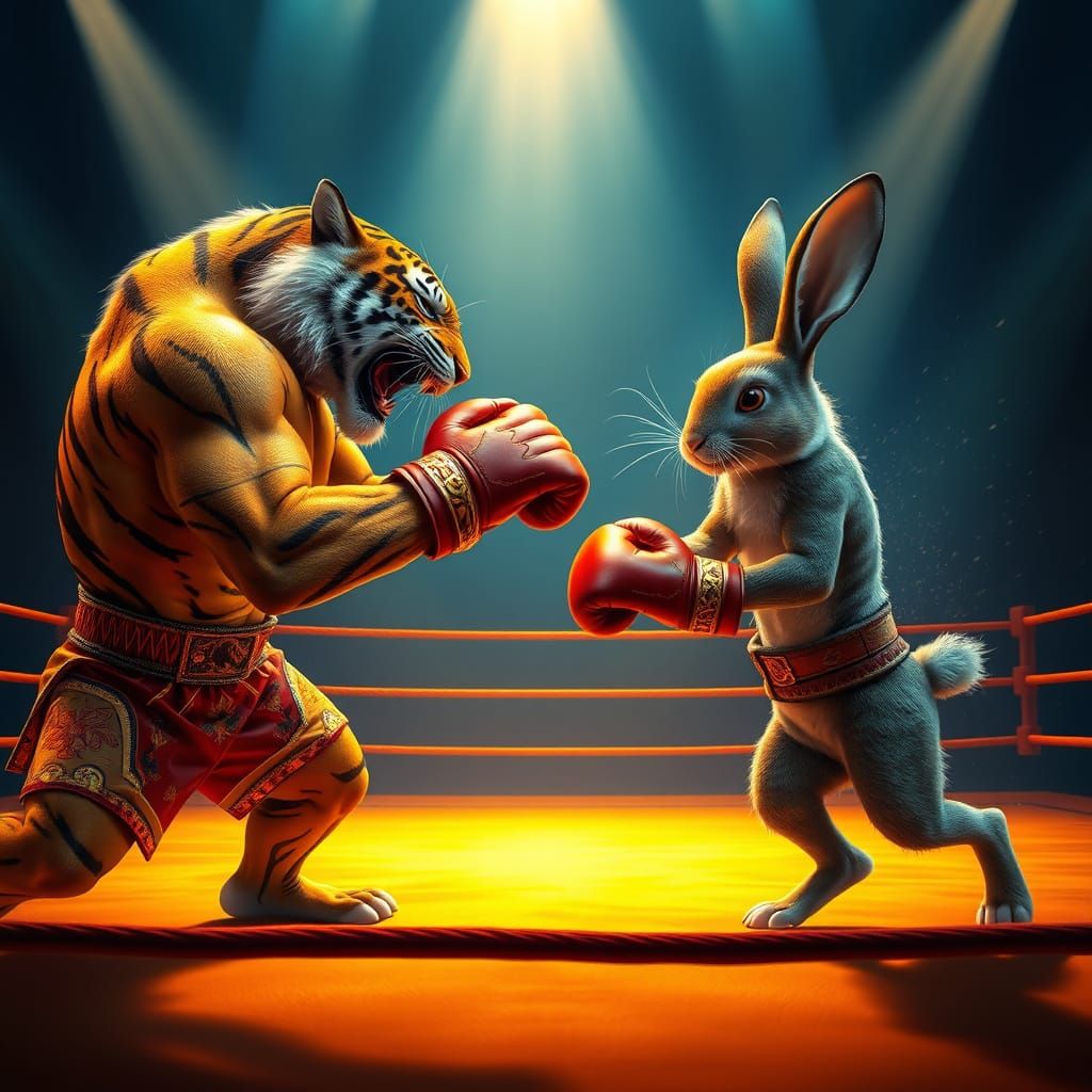 Vibrant Boxing Match in a Golden-Lit Ring