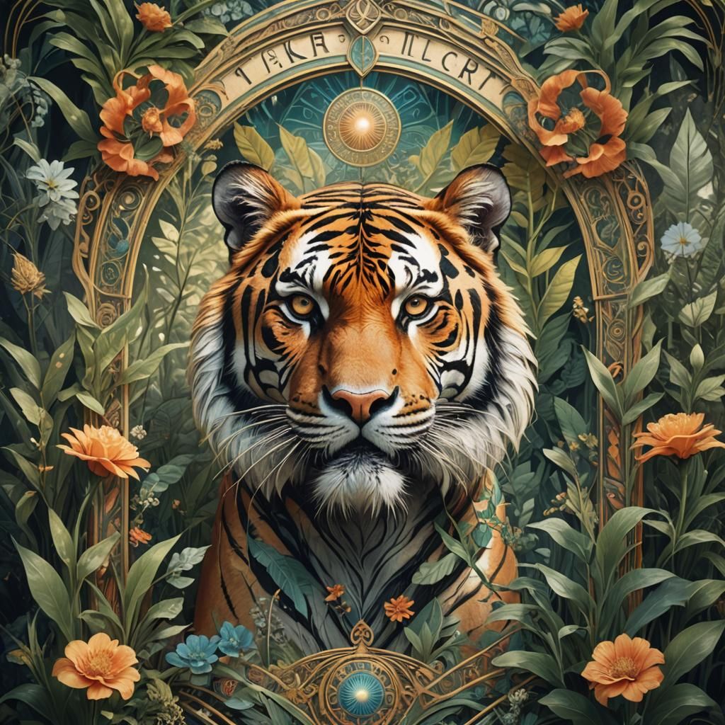 Detailed Tiger Head with Tarot Elements in Art Deco Style