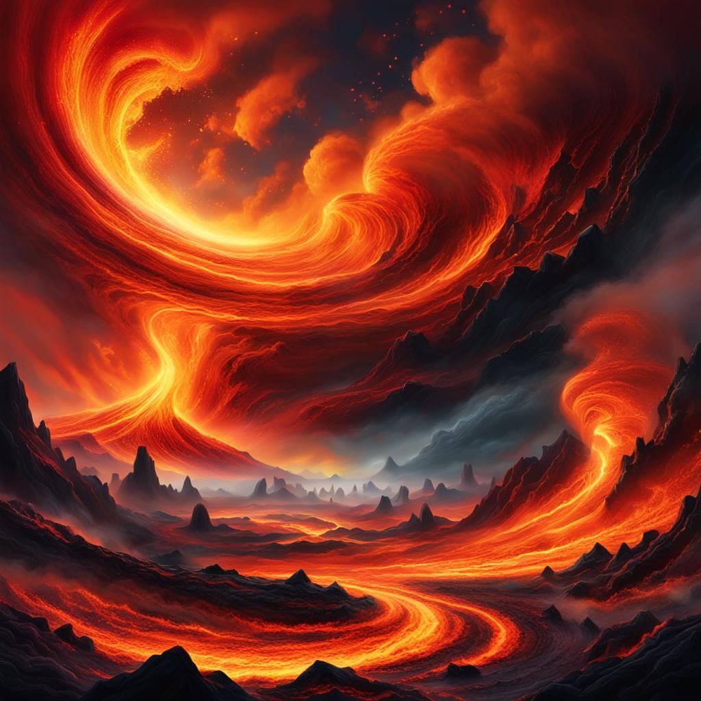 Vibrant Fantasy Landscape with Swirling Fiery Vortex
