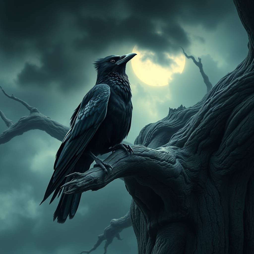 Detailed Crow on Oak Tree Branch with Moody Sky