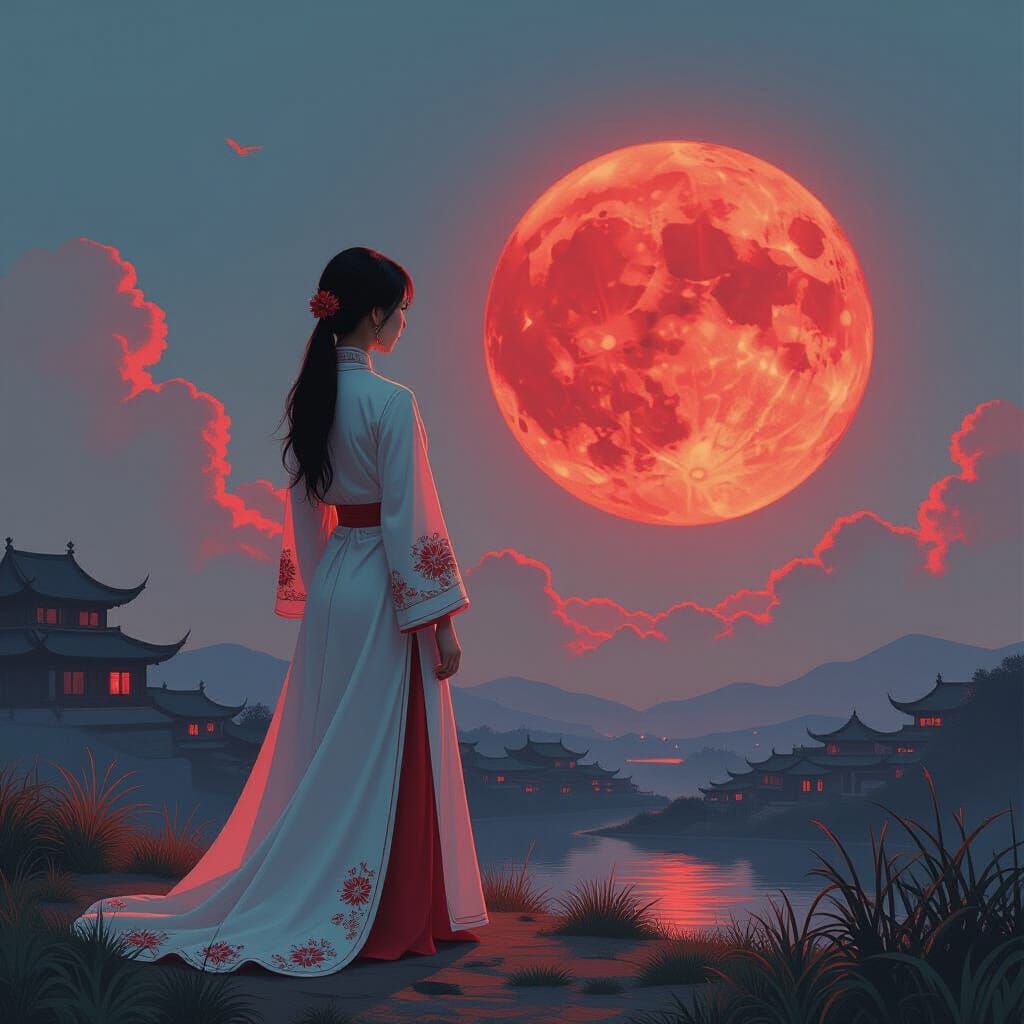 Girl in Ao Dai Beside Glowing World in Retro-Futuristic Styl...