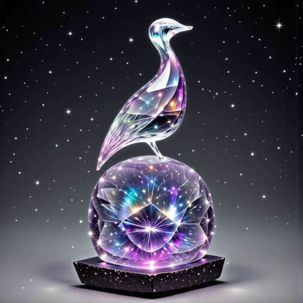 Psychedelic Glass Bird Sculpture on Obsidian Gem Pillars
