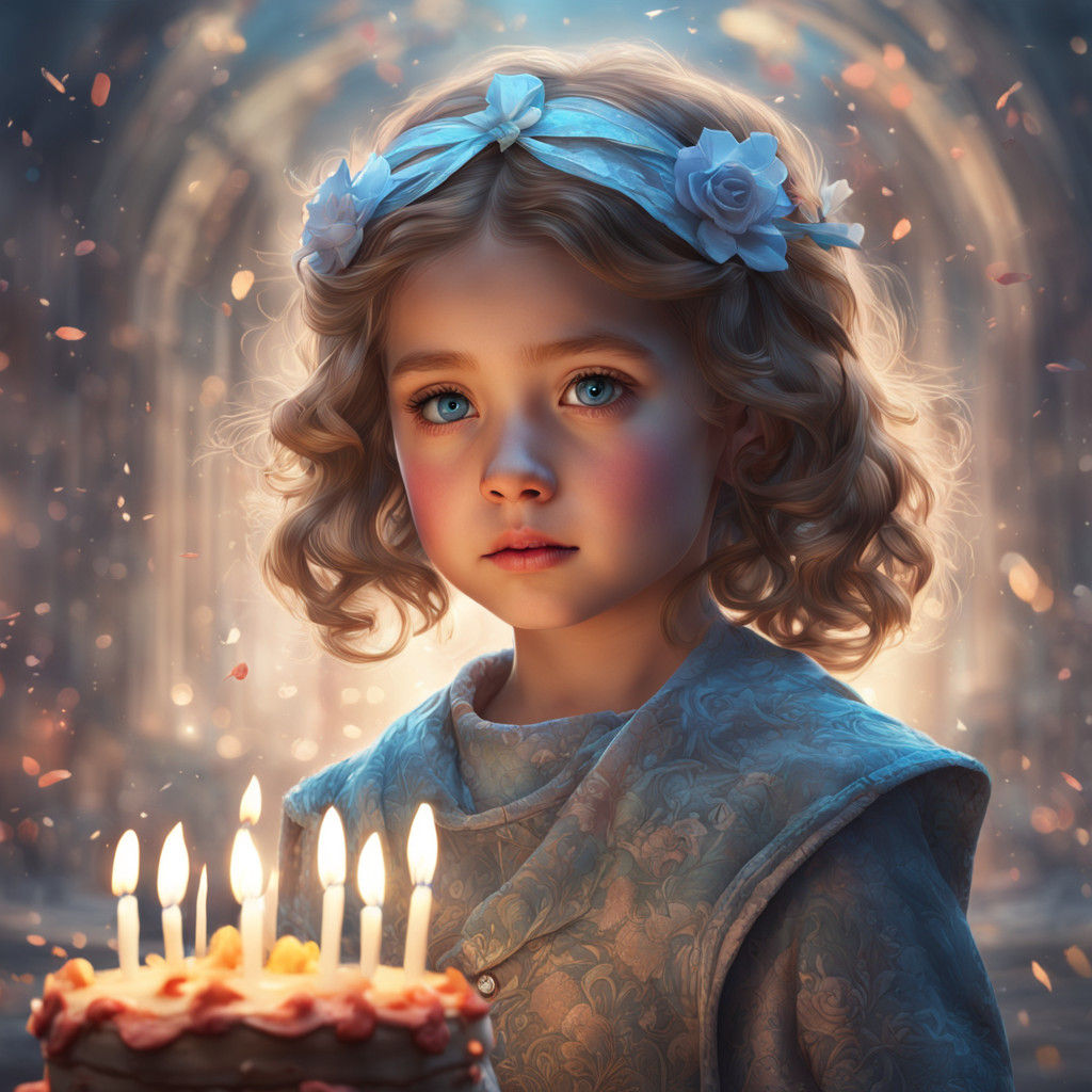 Beautiful 4 Year Old Girl Holds Birthday Cake in Whimsical P...