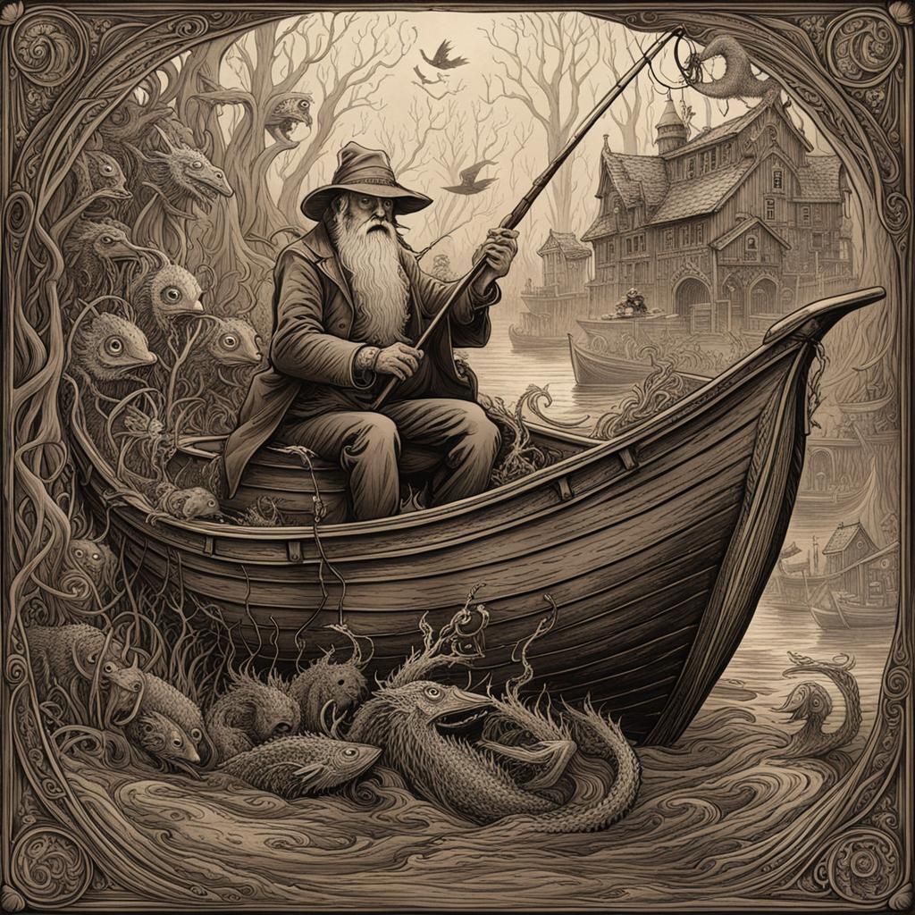 Fisherman and Eldritch Critters in Sepia Fog