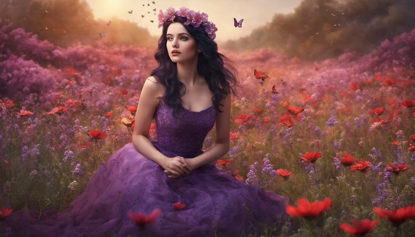 Realistic Model Woman in Meadow at Sunrise