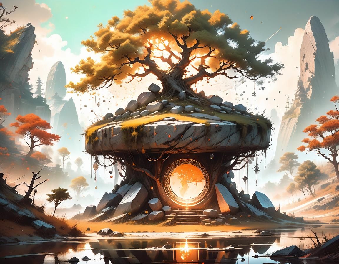 Ethereal Fantasy Landscape with Floating Magic Tree