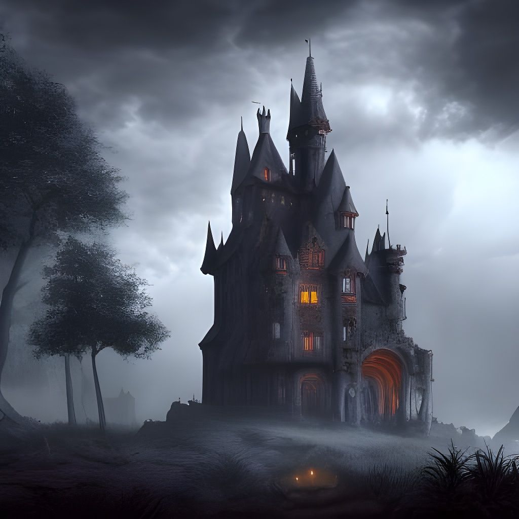 Gothic Castle in Stormy Forest, Dark Fantasy Art