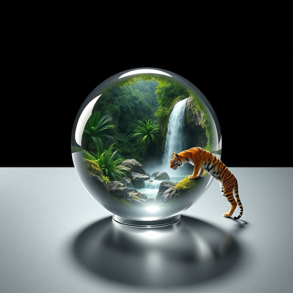 Sleek Silver Tableau with Jungle Scene in Crystal Ball