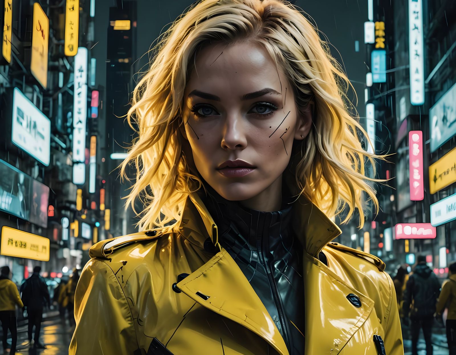 Blonde Cyberpunk Goddess in Neon-Lit Cityscape