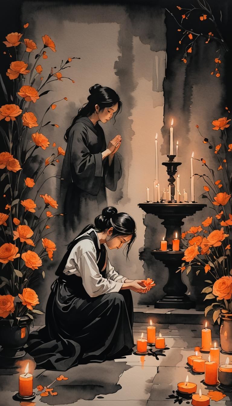 Minimalist Ink Painting of Girl Praying