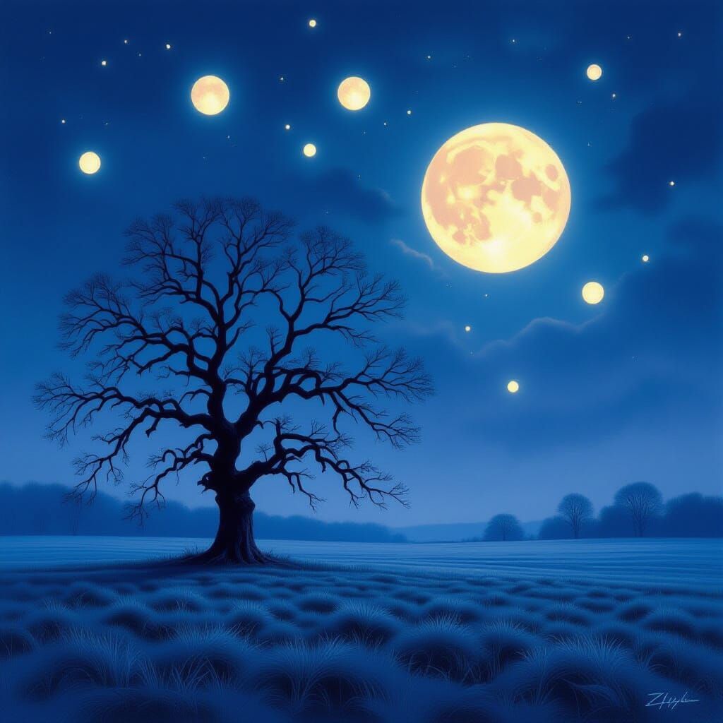 Ancient Tree with Ethereal Orbs Under Twilight Sky