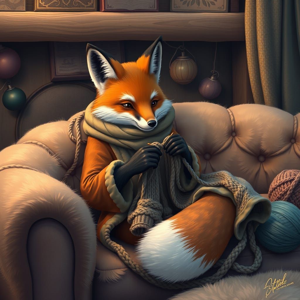 Fox Knitting in a Dreamlike Landscape