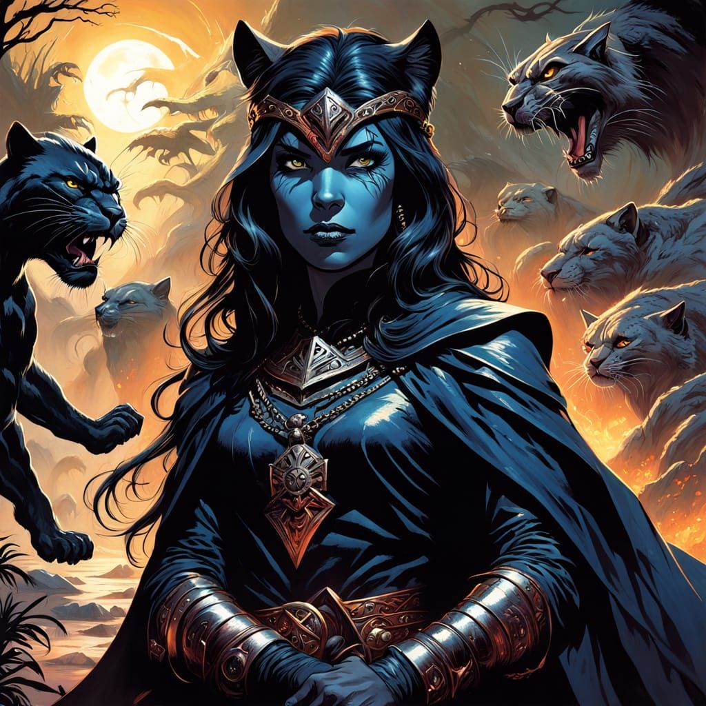 Dark Haired Witch With Black Panther Concept Art
