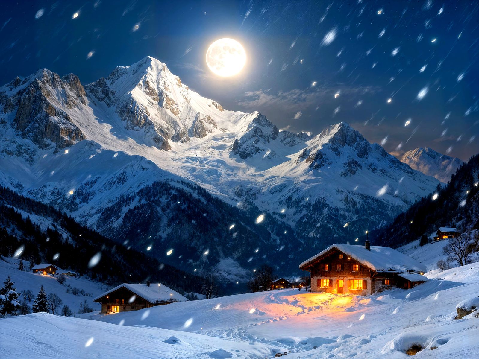 Idyllic Swiss Mountain Village Under Full Moon