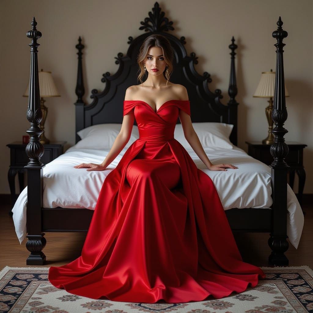 Hyper-Realistic Red Silk Dress on Gothic Bed