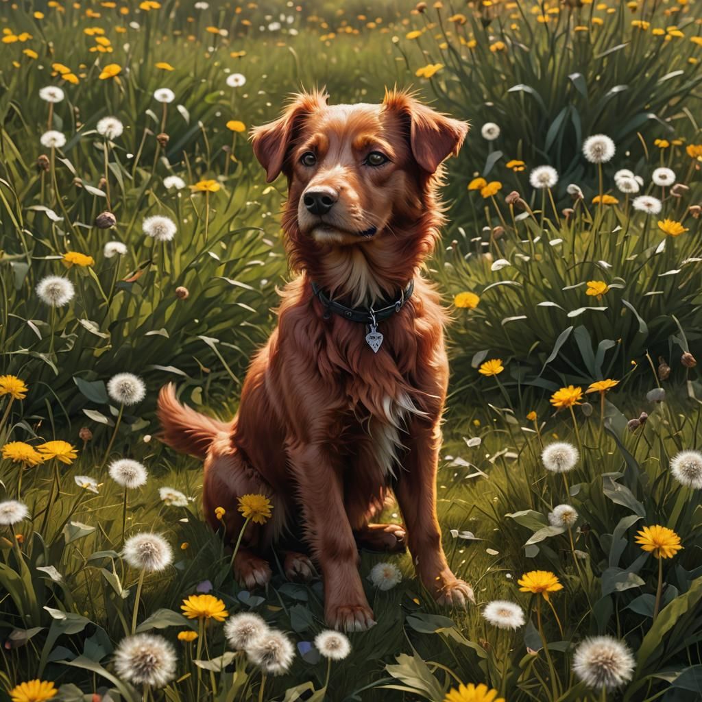 Red Dog in Dandelion Meadow: Detailed Matte Painting