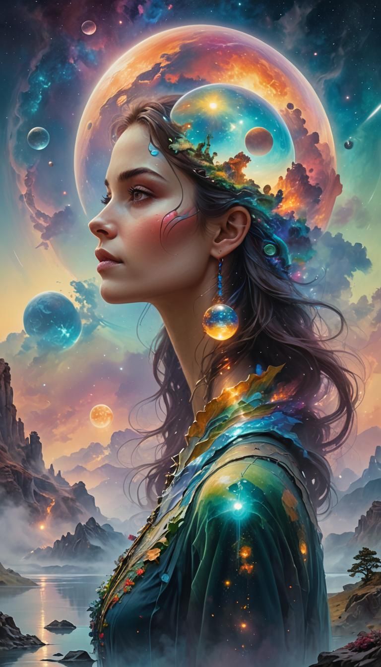 Woman's Portrait Merged with Alien Landscape