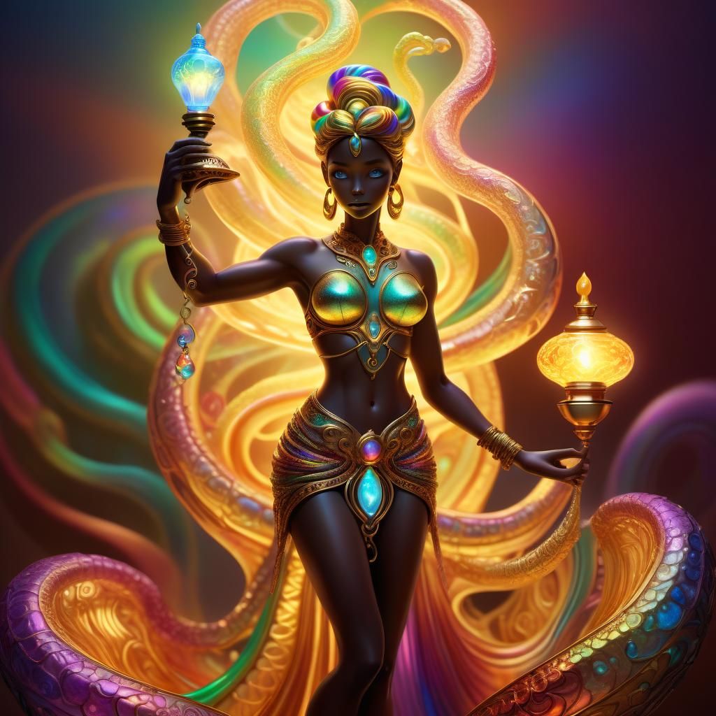 Bioluminescent Rainbow Gemstone Genie Coiling Around Golden ...