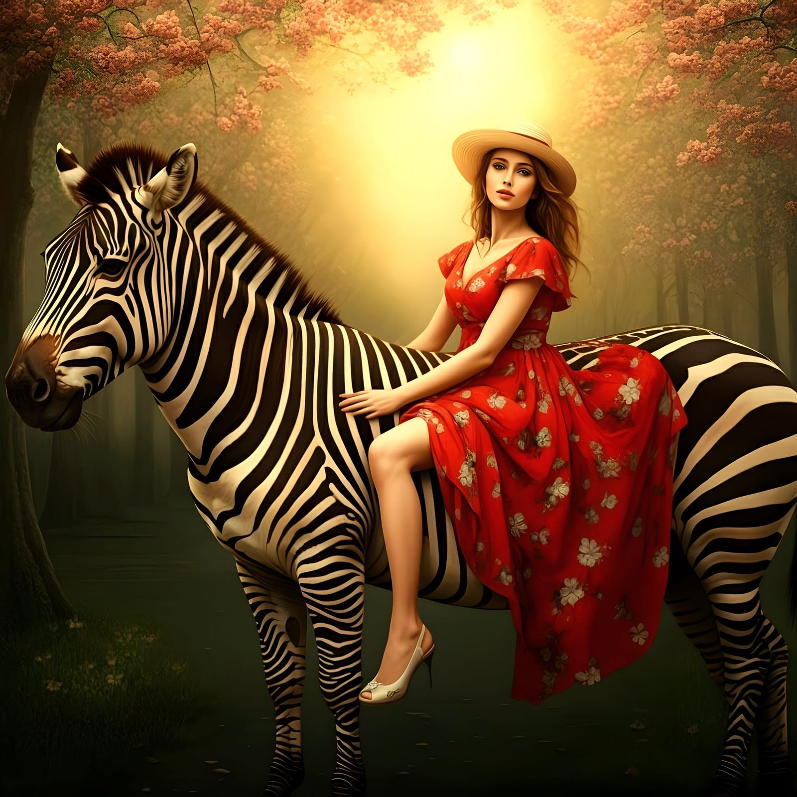 Elegant Parisian Girl Sits on a Black and White Zebra in Spr...